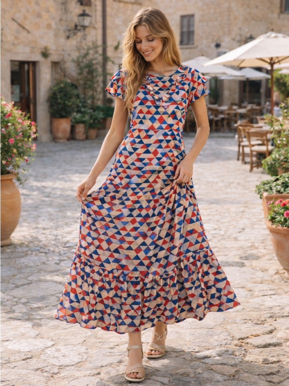 Traffic People Geometric Maxi Dress Blue Red Ruffle Boho Size Small